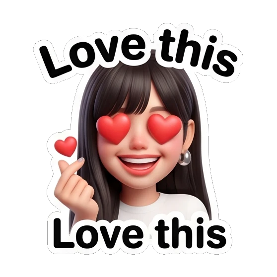Happy girl with heart eyes and 'Love this' text Cute 3D Girl Expressions sticker for expressive chats and social replies.