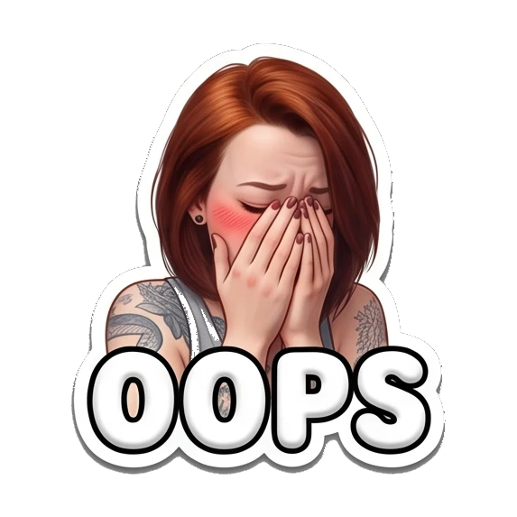 Embarrassed girl covering face with 'OOPS' text Red-Haired Girl Daily Vibes sticker for expressive chats and social replies.
