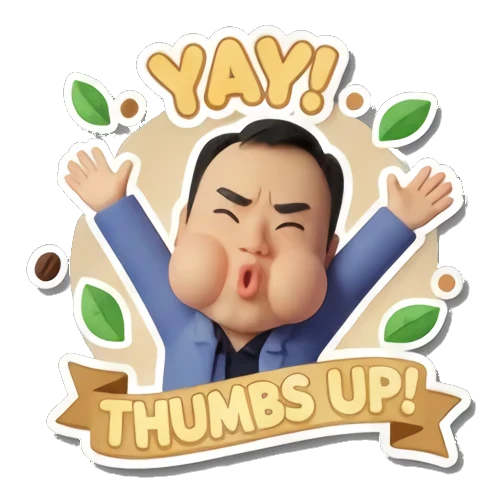 职场男士举起双手欢呼，脸颊鼓起，文字THUMBS UP Office Guy Daily Vibes sticker for expressive chats and social replies.
