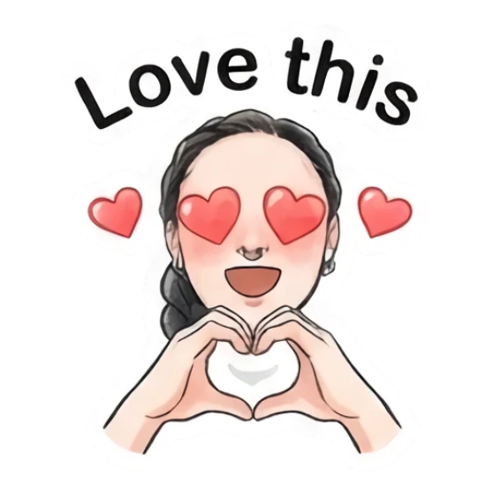 Girl with heart-shaped eyes making a heart gesture with hands. Modern Girl Daily Expressions sticker for expressive chats and social replies.