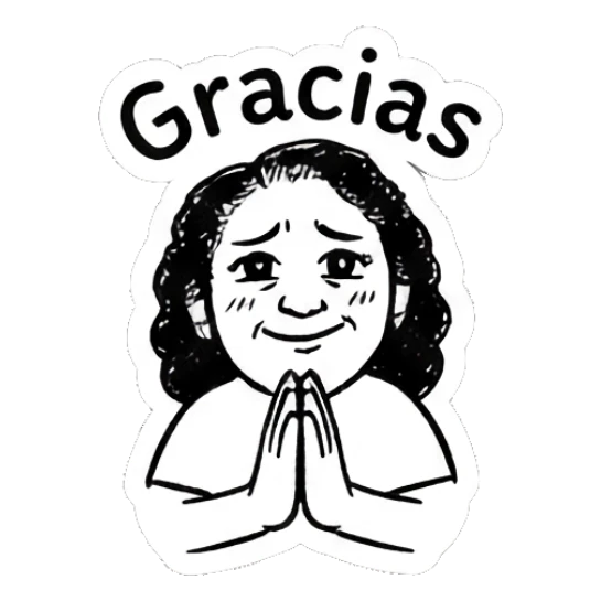 Girl with hands together in gratitude with 'Gracias' text Curly Hair Girl Daily Vibes sticker for expressive chats and social replies.