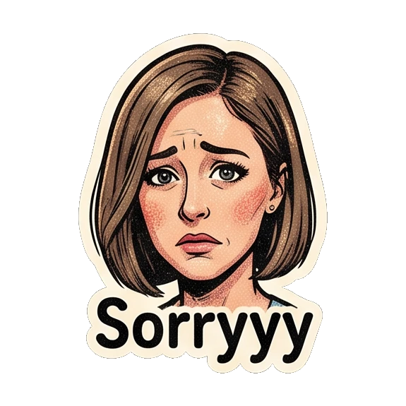 Young woman looking sad and apologetic with 'Sorryyy' text Retro Comic Girl Expressions sticker for expressive chats and social replies.