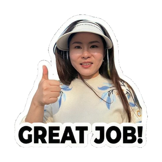 真人女士竖拇指说GREAT JOB! Lively Lady's Expressive Moments sticker for expressive chats and social replies.