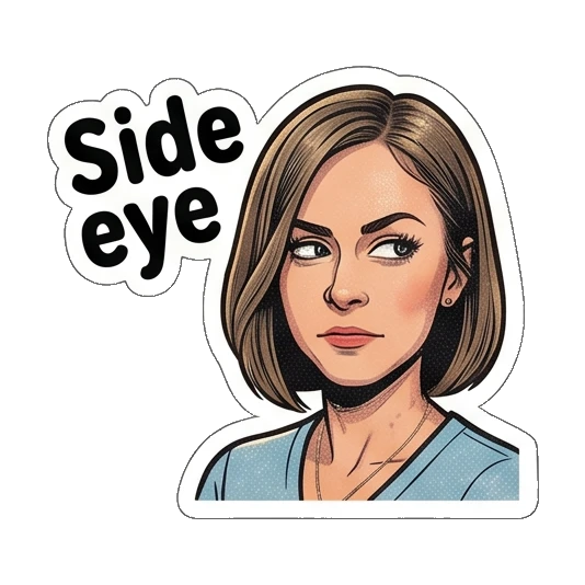 Woman giving a suspicious side-eye glance, text Side eye Retro Comic Office Lady sticker for expressive chats and social replies.