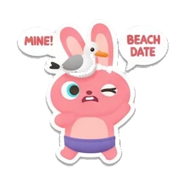 Pink bunny with a seagull on its head, Mine text. Pink Bunny Beach Day sticker for expressive chats and social replies.