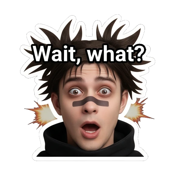 Surprised young man with wide eyes and open mouth with text Wait, what? Spiky Hair Boy Reactions sticker for expressive chats and social replies.