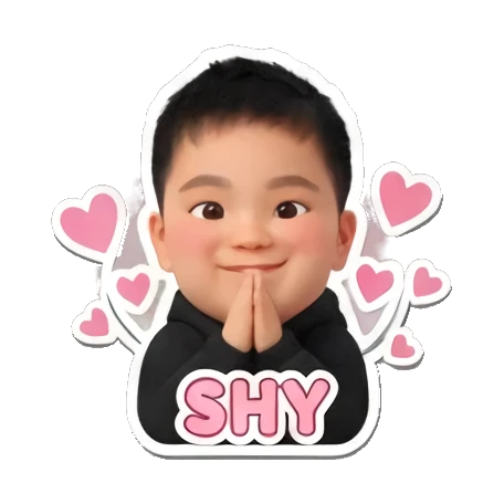 Little boy blushing with heart icons and SHY text. Little Boy Daily Expressions sticker for expressive chats and social replies.