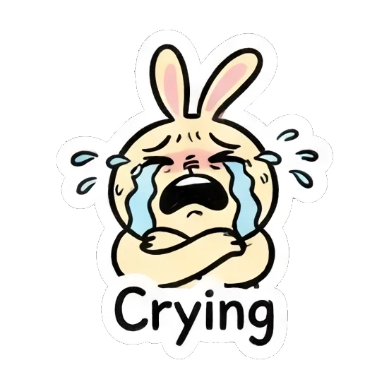 Crying rabbit with blue tears. Smart Bunny Daily Moods sticker for expressive chats and social replies.