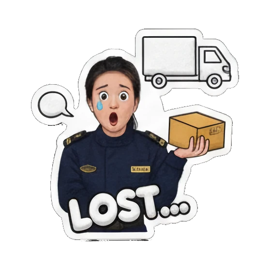 Female officer sad, looking at a lost package, feeling "LOST...". Delivery Dispatcher's Diary sticker for expressive chats and social replies.