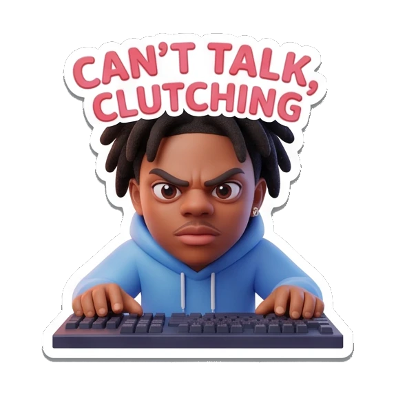 Gamer boy focused at keyboard, text 'CAN'T TALK CLUTCHING' Gamer Life Adventures sticker for expressive chats and social replies.