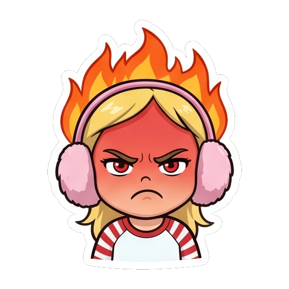 Blonde girl looking furious with flames behind her head. Blonde Girl Daily Life sticker for expressive chats and social replies.