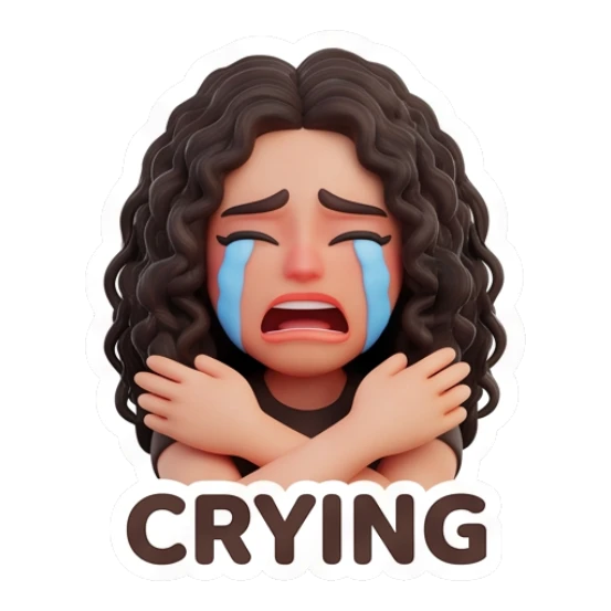 Woman with curly hair crying with arms crossed, text CRYING Modern Couple Daily Vibes sticker for expressive chats and social replies.