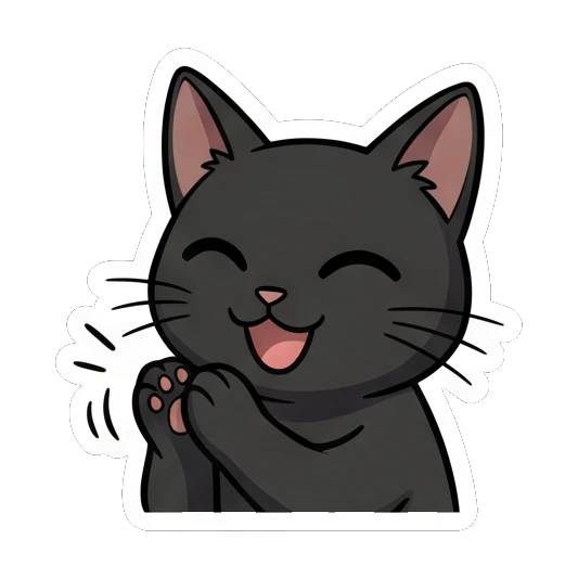 Black cat clapping hands with a joyful and excited face. Little Black Cat Expressions sticker for expressive chats and social replies.