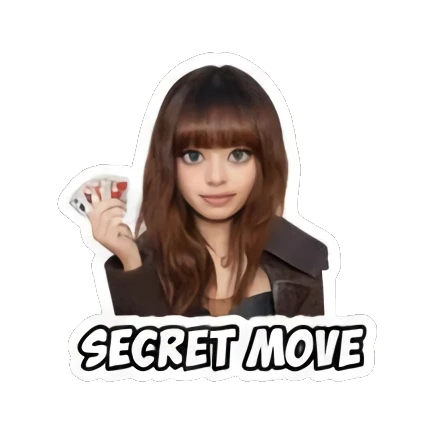 Gamer girl hiding cards with 'SECRET MOVE' text, mischievous. Gamer Girl Adventures sticker for expressive chats and social replies.