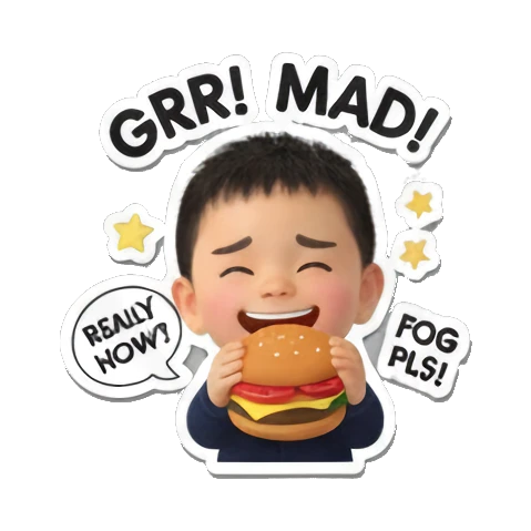 Hungry boy eating burger, 'GRR! MAD!' Chibi Boy's Daily Fun sticker for expressive chats and social replies.