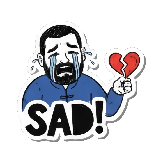 Sad man crying with broken heart, "SAD!" Bearded Guy's Moods sticker for expressive chats and social replies.