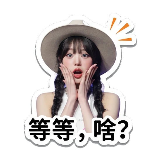 女孩双手捂脸惊讶表情，文字：等等，啥？ Chic Girl Daily Vibes sticker for expressive chats and social replies.