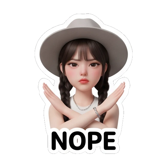 Girl with hat crossing arms, text NOPE Chic Hat Girl Expressions sticker for expressive chats and social replies.