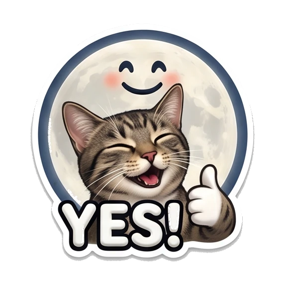 Tabby cat smiling and giving a thumbs up, text says YES. Cosmic Tabby Adventures sticker for expressive chats and social replies.