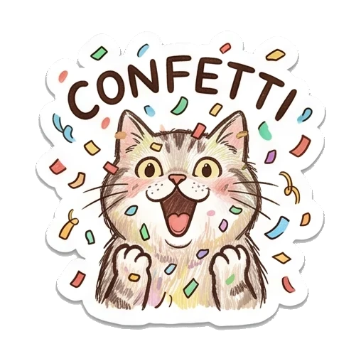 Excited cat with confetti Cozy Tabby Doodle Life sticker for expressive chats and social replies.