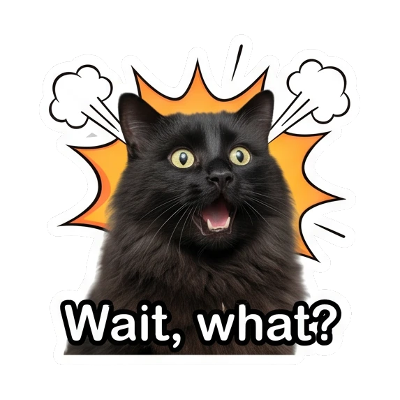 Surprised black cat with explosion background and text Wait, what? Mystic Black Cat Moods sticker for expressive chats and social replies.
