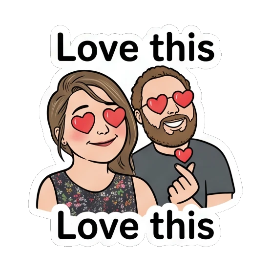 Woman and man making heart fingers with text Love this Couple Vibes Daily sticker for expressive chats and social replies.