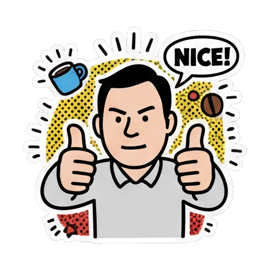 Man giving double thumbs up, text NICE! Cheerful Office Guy sticker for expressive chats and social replies.