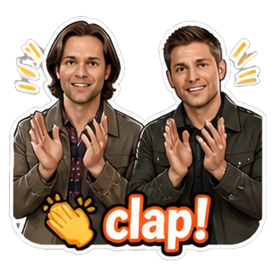 Two men clapping hands together, text 'clap!' Supernatural Duo Vibes sticker for expressive chats and social replies.
