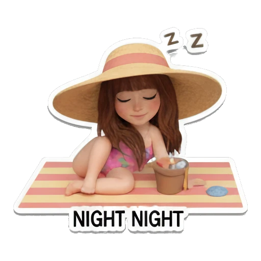 Girl sleeping on a beach towel under a hat, sleepy, text NIGHT NIGHT Summer Vacation Girl sticker for expressive chats and social replies.