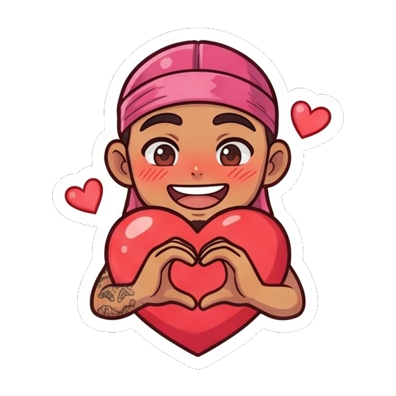 Guy forming a heart shape with hands, blushing with love Cool Durag Guy sticker for expressive chats and social replies.