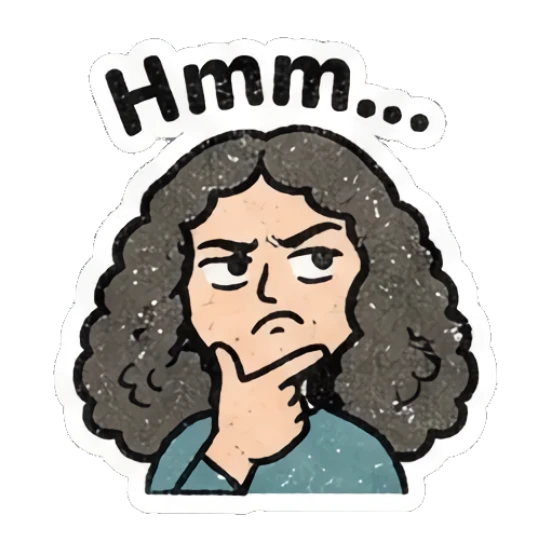 Thoughtful girl resting chin on hand with text Hmm... Curly Hair Retro Vibes sticker for expressive chats and social replies.