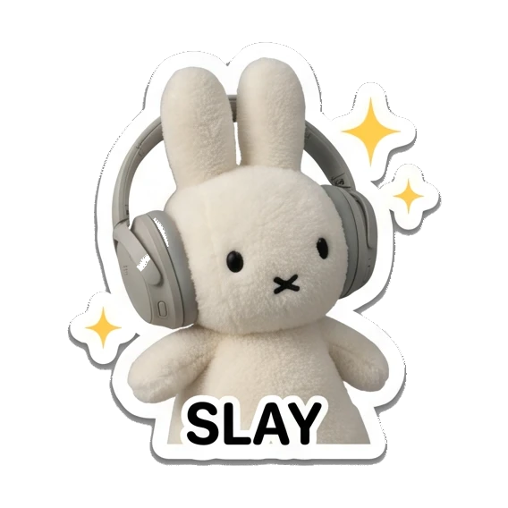 Bunny posing confidently with sparkles saying SLAY Music Loving Bunny sticker for expressive chats and social replies.