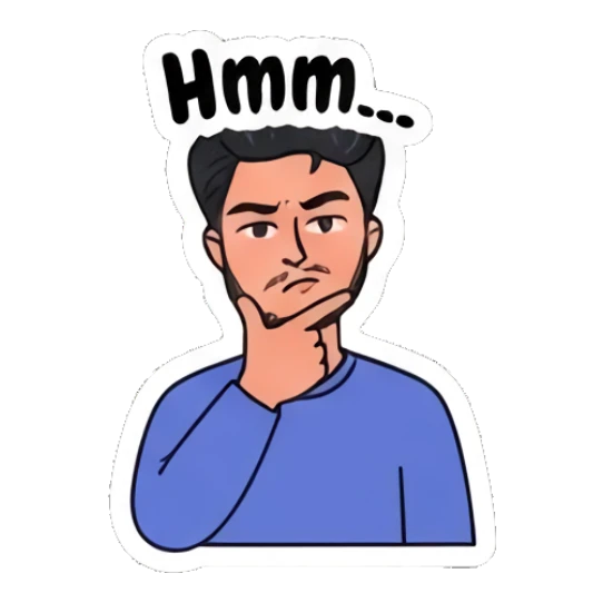 Thinking young man with hand on chin and text Hmm Daily Life of a Cool Guy sticker for expressive chats and social replies.