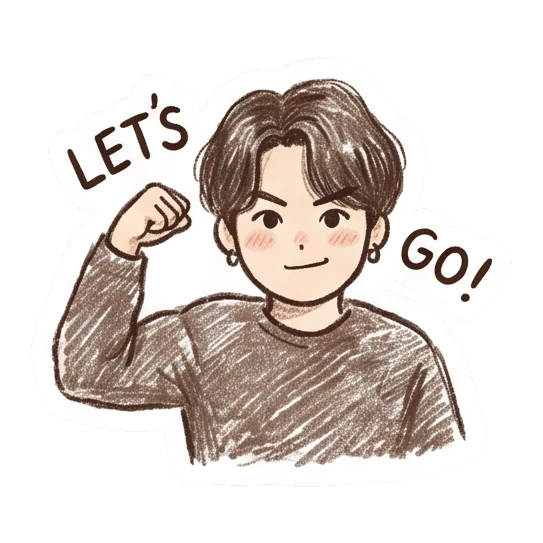 Boy flexing arm to show strength, text LET'S GO! Crayon Boy Daily Moods sticker for expressive chats and social replies.