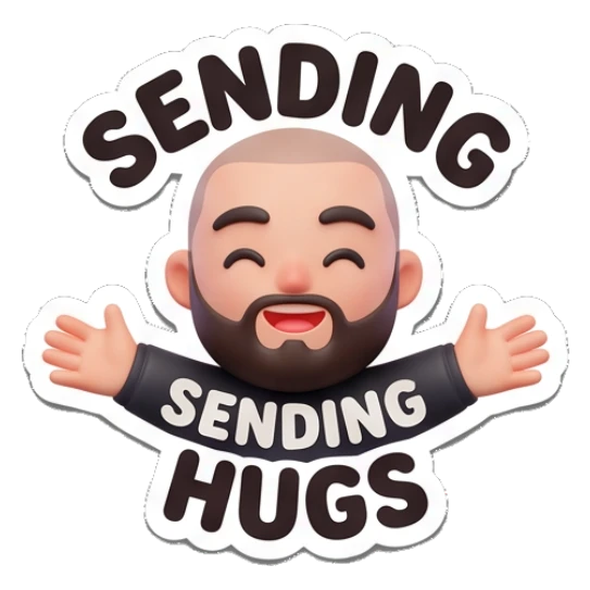 Bearded man with open arms for a hug, text SENDING HUGS Bearded Buddy Expressions sticker for expressive chats and social replies.