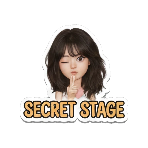 Girl winking and putting finger to lips, text 'SECRET STAGE' Music Festival Girl sticker for expressive chats and social replies.