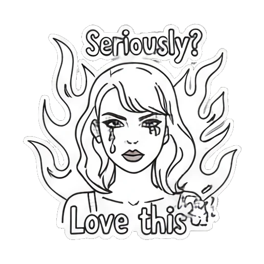 Girl surrounded by flames with text Seriously? Love this Pop Art Girl Expressions sticker for expressive chats and social replies.