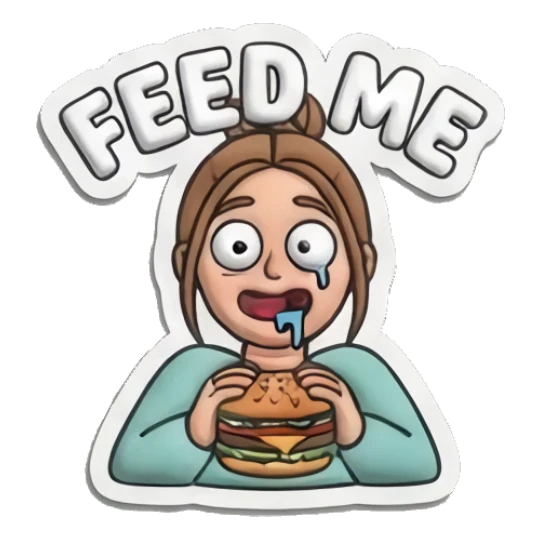 Girl drooling while holding a burger Puffy Girl Daily Life sticker for expressive chats and social replies.