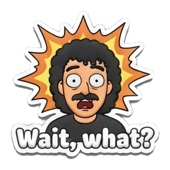 Shocked man with wide eyes and text Wait, what? Curly Hair Guy Adventures sticker for expressive chats and social replies.