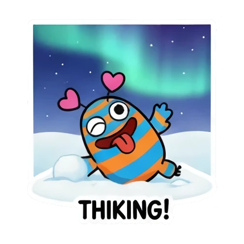 Monster looking at northern lights, text THIKING! Striped Monster Winter Fun sticker for expressive chats and social replies.