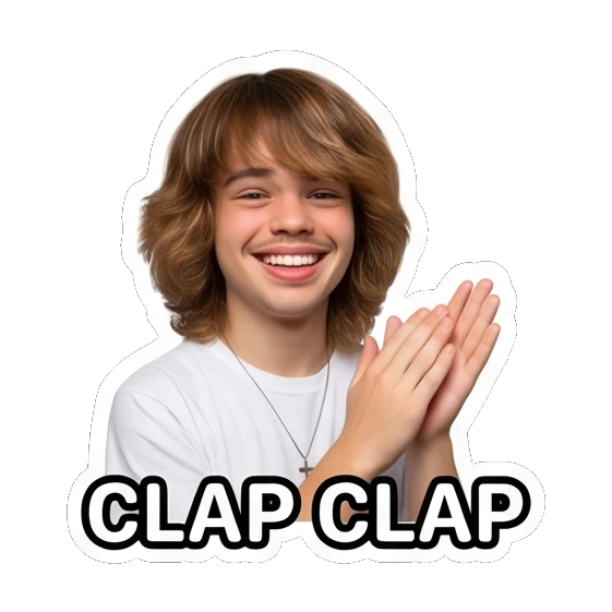 Teen boy clapping hands with smile, text CLAP CLAP Teen Boy Daily Vibes sticker for expressive chats and social replies.