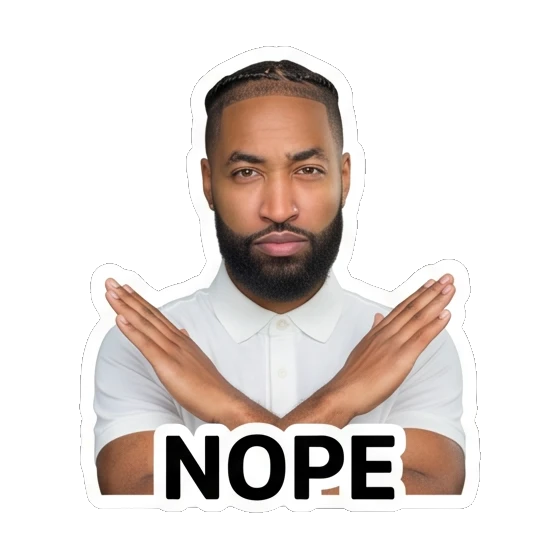 Bearded man crossing arms to signal a firm NOPE Daily Vibes with Marcus sticker for expressive chats and social replies.