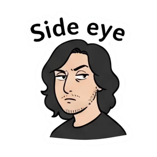 Long-haired man giving a skeptical side-eye look. Long-Haired Guy Daily Vibes sticker for expressive chats and social replies.