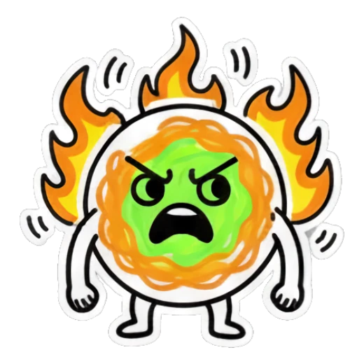 Spaghetti character looking angry with flames and 'Seriously?' text. Spaghetti Doodle Pals sticker for expressive chats and social replies.