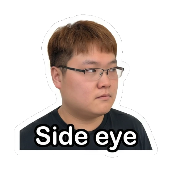 Man with glasses giving a skeptical side eye with text Side eye Daily Life of a Friendly Guy sticker for expressive chats and social replies.