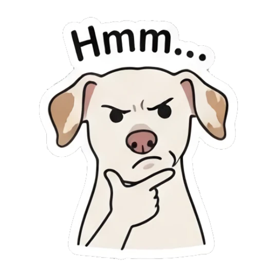 Pensive puppy touching chin while thinking with text Hmm... Playful Spotted Puppy Expressions sticker for expressive chats and social replies.
