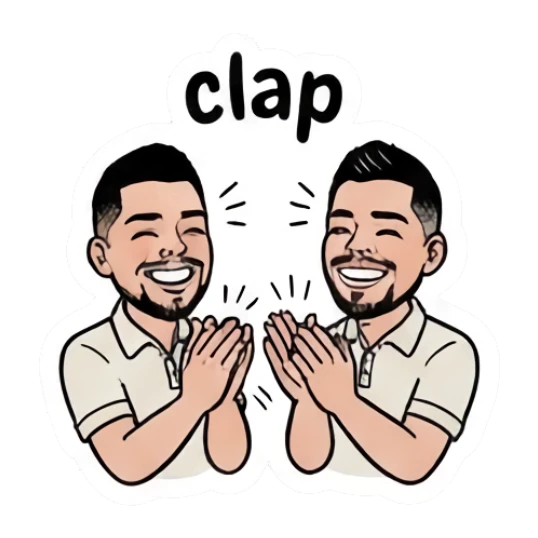 Twin brothers clapping with 'clap' text. Twin Brothers Daily Vibe sticker for expressive chats and social replies.