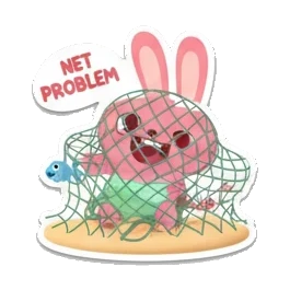 Pink bunny tangled in a fishing net, Net Problem text. Pink Bunny Beach Day sticker for expressive chats and social replies.