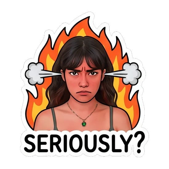 Young woman looking angry with fire background, text SERIOUSLY? Daily Moods of a Girl sticker for expressive chats and social replies.