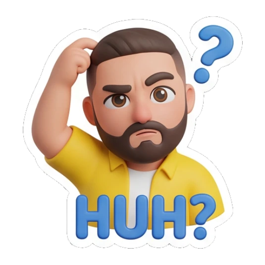 Confused bearded man scratching head, HUH? Bearded Buddy Daily Vibes sticker for expressive chats and social replies.